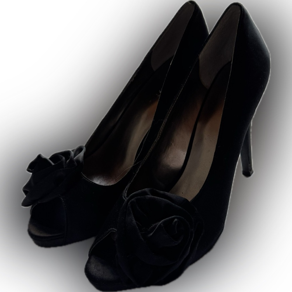 Nine West Black Satin Peep-Toe Heels with Floral Detail